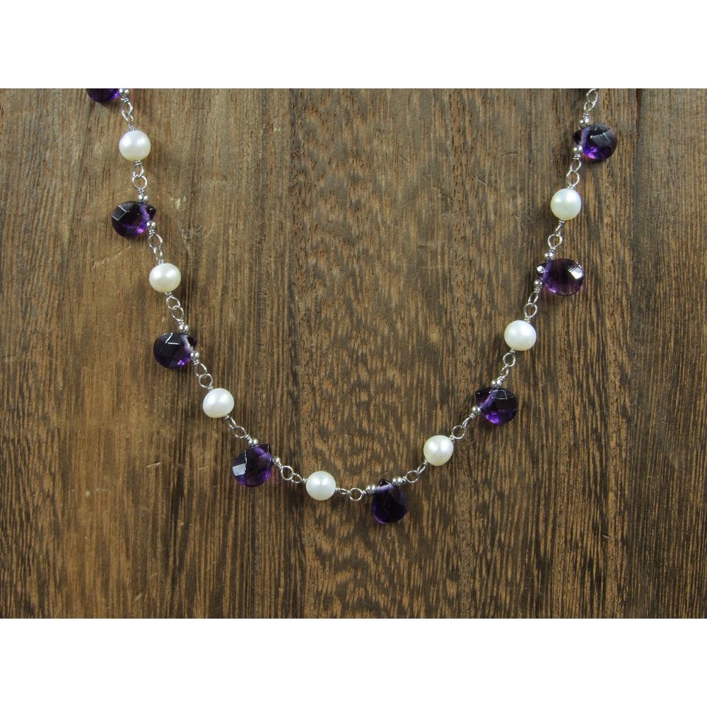 18" Sterling Silver Faceted Amethyst And White Pearls Necklace Vintage